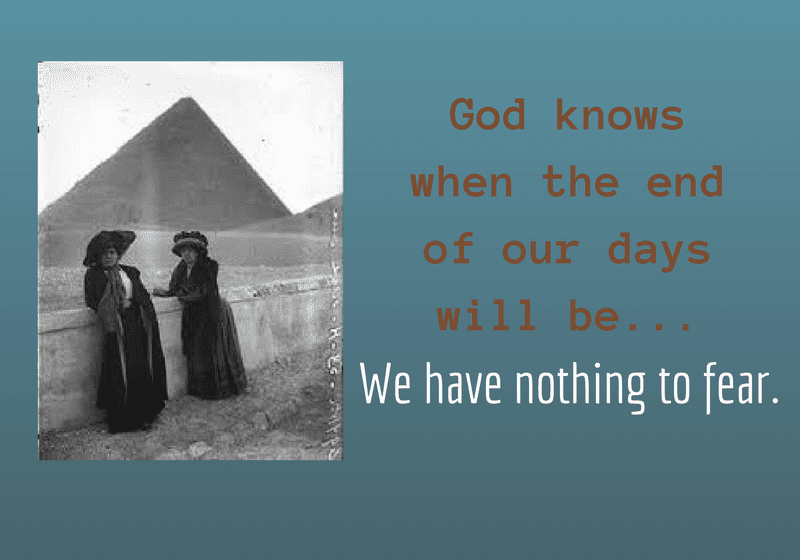 Two people stand near a pyramid under a moody sky with a thoughtful quote.
