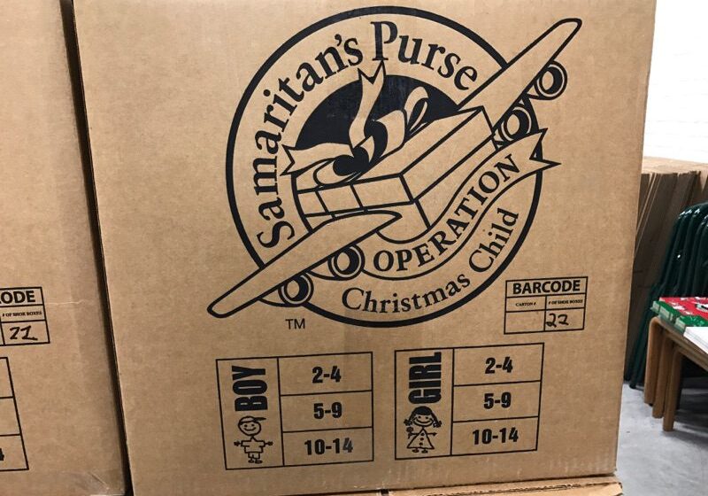 A box labeled Samaritan's Purse Operation Christmas Child with packing specifications.