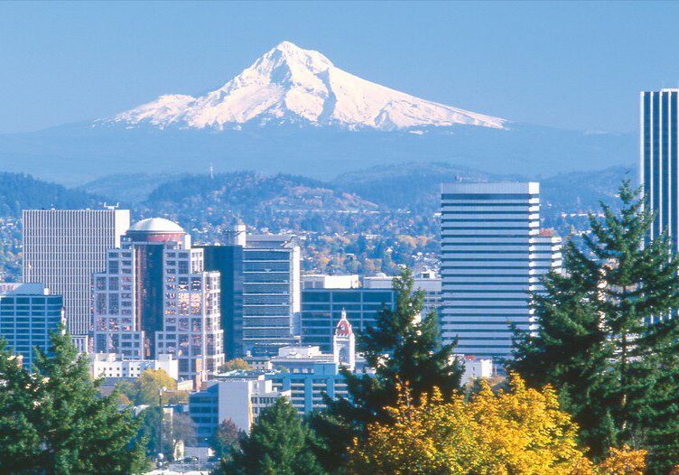 Cityscape with a snow-capped mountain in the background.
