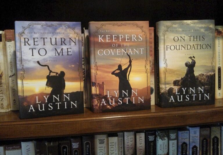 Three historical novels displayed on shelf