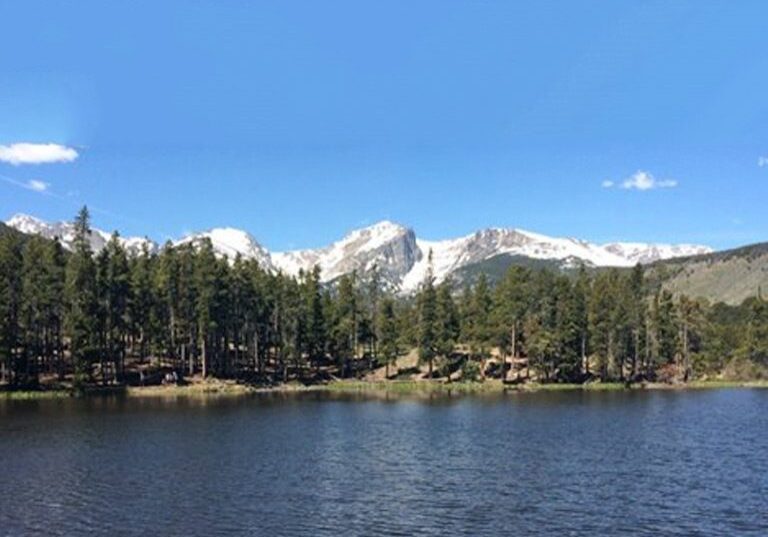 Snow-capped mountains behind a forest and a serene lake under a clear blue sky.